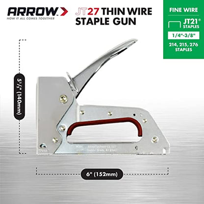 Arrow JT27 Light Duty Staple Gun for Upholstery, Crafts, Office, Fits 1/4", 5/16”, or 3/8" Thin Wire Staples.