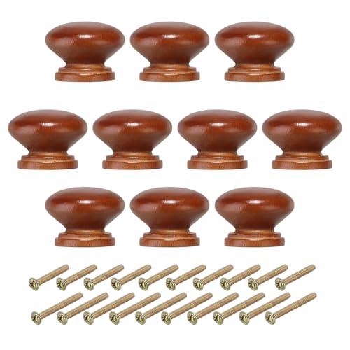 PATIKIL 1-3/8 Inch Cabinet Knobs, 10 Pcs Round Drawer Dresser Knobs Wood Handles Knobs Drawer Pulls with Screws for Kitchen Cupboard Furniture Door, Brown - color: Brown