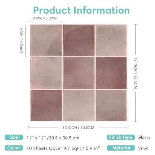 Commomy Thicker Pink Peel and Stick Tiles 10 pcs of 12" x 12" - color: Glossy Dark Pink
