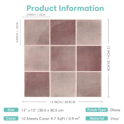 Commomy Thicker Pink Peel and Stick Tiles 10 pcs of 12" x 12" - color: Glossy Dark Pink