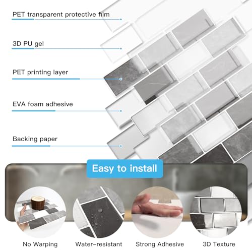 Art3d 10-Pack Subway Tiles Peel and Stick Backsplash, Granite, 12 x 12 Inch - color: Granite