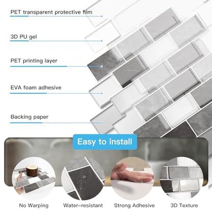 Art3d 10-Pack Subway Tiles Peel and Stick Backsplash, Granite, 12 x 12 Inch - color: Granite
