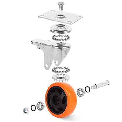 W B D WEIBIDA 4 Inch Swivel Casters with Brake Set of 4 Heavy Duty of 1200 lbs, Safety Dual Locking Plate Castors, No Noise Wheels for Furniture, Workbench and Carts(Nuts & Bolts & 2 Spanners) - size: 4 INCH