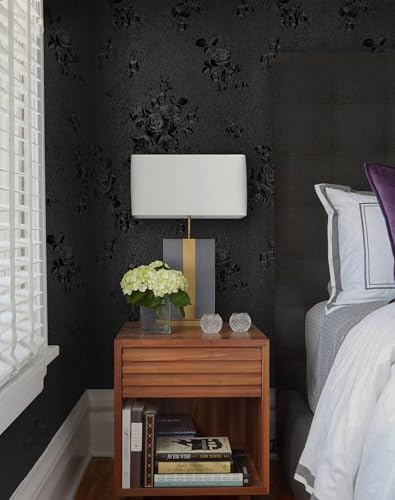 Erfoni Black Peel and Stick Wallpaper Black Floral Embossed Contact Paper - color: Black, size: 17.7" x 118"
