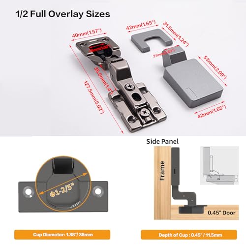 1 Pack 2pcs 35mmBore Frameless Half Overlay Soft Close Ultra Thin Titanium Black Cabinet Door Hinge, 0°-45° Self Closing, 3D Adjustment, Stop at Any Angle from 45° to 105° Partiel Overlay - color: Half Overlay
