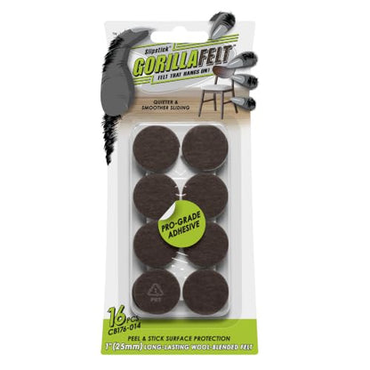 Slipstick GorillaFelt Premium Felt Furniture Pads/Chair Feet Floor Protectors (1 Inch Round) Includes 16 Heavy-Duty Felt Pads with Self Stick Adhesive, Brown - size: 1" Brown