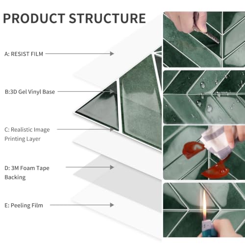 10-Sheet Herringbone Peel and Stick Backsplash Tiles for Kitchen, 3D Marble Look Self Adhesive Stick on Back Splashes Wall Tiles for Bathroom 11.5"x9" Dark Green - color: DarkGreen