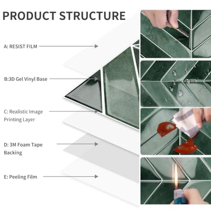 10-Sheet Herringbone Peel and Stick Backsplash Tiles for Kitchen, 3D Marble Look Self Adhesive Stick on Back Splashes Wall Tiles for Bathroom 11.5"x9" Dark Green - color: DarkGreen