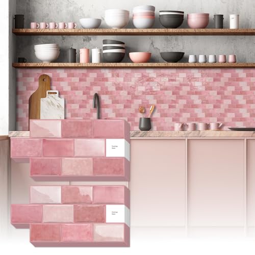 Alwayspon 6x12inchx10Pcs Self Adhesive Wall Tile Sticker, Peel and Stick Adhesive Waterproof Backsplash Stick on Tile Decals for Kitchen Bathroom Wall, Pink - color: Pink