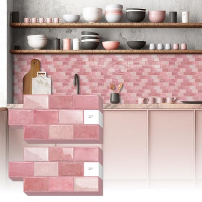 Alwayspon 6x12inchx10Pcs Self Adhesive Wall Tile Sticker, Peel and Stick Adhesive Waterproof Backsplash Stick on Tile Decals for Kitchen Bathroom Wall, Pink - color: Pink