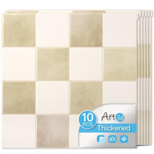 Art3d Grid Peel and Stick Backsplash, 10-Pack, 12 x 12 in, Beige and White - color: Beige and White