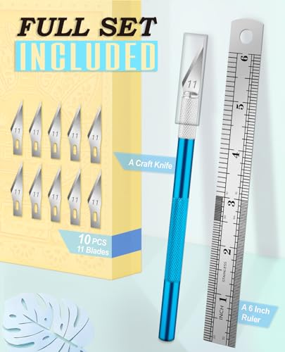 DIYSELF Precision Craft Knife with 10 Extra #11 Blades, 6-Inch Metal Ruler - color: Blue-10pcs