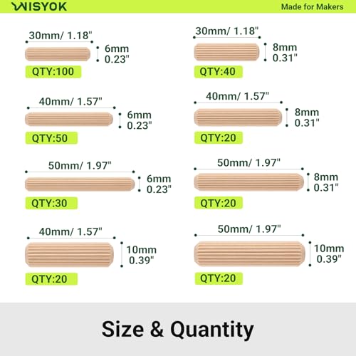 WISYOK 300Pcs Wooden Dowels, 8 Sizes, 1/4,5/16,3/8 in - size: 8 Size-300pcs