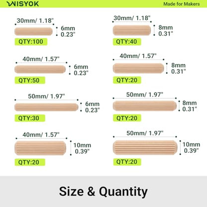 WISYOK 300Pcs Wooden Dowels, 8 Sizes, 1/4,5/16,3/8 in - size: 8 Size-300pcs