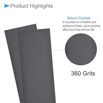 Wet Dry Sanding Sheets, 9 Inch x 3.6 Inch 360 Grit Sandpaper Sheets Silicon Carbide - Applications: for Furniture, Hobbies and Home Improvement, Drywall, Wood, Metal, 5 Pieces - size: 360 grit