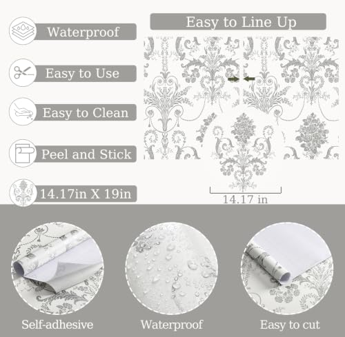 Silver Gray Removable Wallpaper Damascus Floral Peel and Stick Wallpaper - color: Silver/Gray, size: 17.3" x 118"
