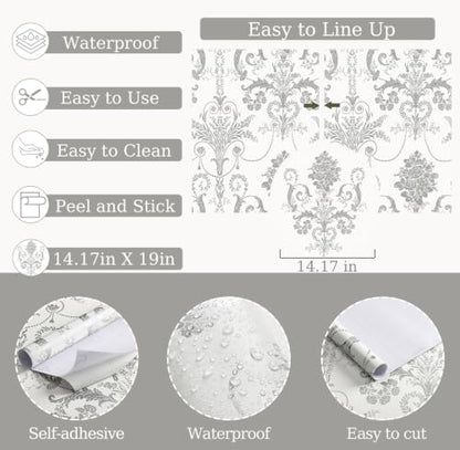 Silver Gray Removable Wallpaper Damascus Floral Peel and Stick Wallpaper - color: Silver/Gray, size: 17.3" x 118"