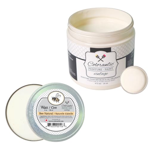 Colorantic-Bundle Off White Chalk Paint (Vintage Cream,16 Oz) and Clear Wax (4 Oz)