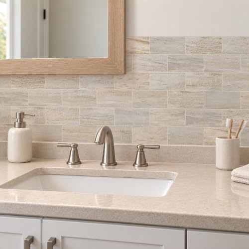 StyloVue 100 Pieces Peel and Stick Backsplash for Kitchen, 3" x 6" PVC Subway Tile Upgraded Grayish Beige with Gray Grout Backsplash Stick on Tile Elevate Kitchen, Bathroom, Fireplace,RV - color: Grayish Beige