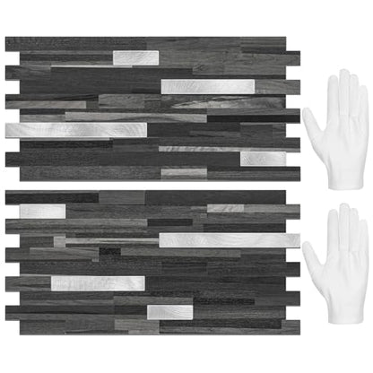 STICKGOO 20 Sheets Peel and Stick Backsplash Tile, Stick on Backsplash for Kitchen and Bathroom, Black Grey Wood Look PVC Mixed Metal Silver Self Adhesive Wall Tiles - color: Black Grey + Metal Silver