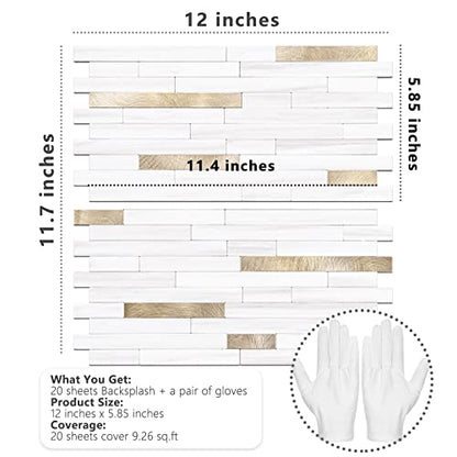 STICKGOO 20 Sheets Peel and Stick Backsplash Tile, Stick on Backsplash for Kitchen and Bathroom, Dolomite White Marble Look PVC Mixed Metal Gold Self Adhesive Wall Tiles - color: Dolomite White + Metal Gold