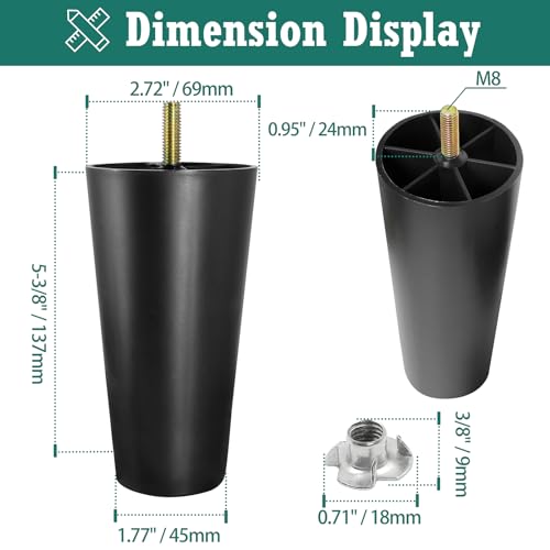 4pcs Plastic Furniture Legs 5-3/8" with T-Nuts, M8-1.25 Bolt - size: 5-3/8 Inch, M8-1.25 Metric Thread Bolts