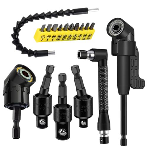17-Piece Flexible Drill Bit Extension Set with Right Angle Attachments, Socket Adapters, Screwdriver Bits, Hand Powered Tool Kit for Narrow Spaces - color: 17*black