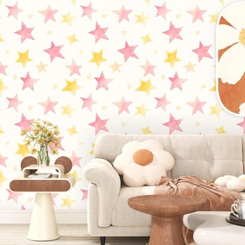 Fvlow Colorful Star Peel and Stick Wallpaper 17.4" x 394" - color: Pink/Gold, size: 17.4"W x 394"L