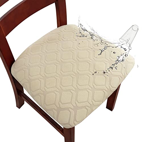 Genina Waterproof Seat Covers for Dining Room Chairs, Stretch Chair Covers Removable Washable Dinning Room Kitchen Chair Seat Cushion Slipcovers (Jacquard-Beige, 6 PCS) - color: Jacquard-beige, size: 6 PCS