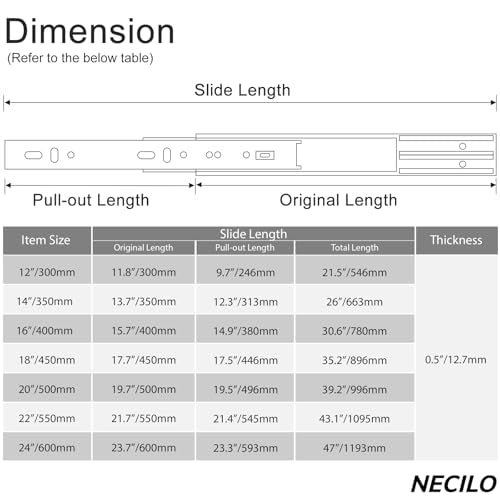 NECILO 18 Inch Soft Close Slides, 100lb Full Ext Ball Bearing, 1 Pair - size: 18 Inch
