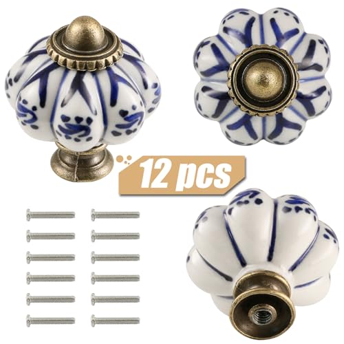 12pcs Ceramic Pumpkin Knobs - Deep Blue Flower - style: Deep Blue Flower