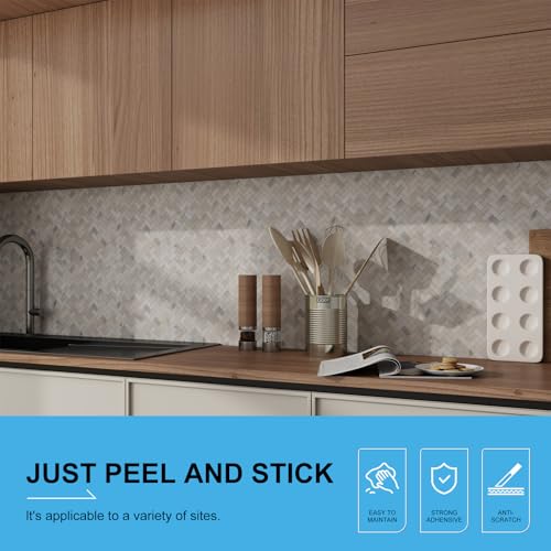 5-Sheet Genuine Marble Peel and Stick Backsplash — 11.7x11 3D Herringbone Real Stone Tiles, Waterproof & Heat-Resistant Self-Adhesive Panels for Kitchen, Fireplace & Vanity Decor (4.5 Sq. Ft.)