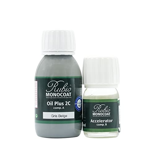 Rubio Monocoat Wood Stain & Finish 65 ft² | Oil Plus 2C | Quick-Dry, Eco-Friendly Linseed Wood Oil for Indoor Use, Includes Accelerator (Part B) | Protector | 130 ml, Gris Beige - color: Gris Belge, size: 130 ml
