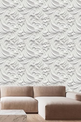 Peel and Stick Wallpaper White Gray Scroll Floral Accent - color: White&Light Gray, size: 17.7" x 118"