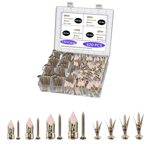 Self Drilling Drywall Anchors Kit with Screws 420PCS - 2 Sizes Sheetrock Anchors & 4 Sizes Zinc Expansion Screws,No Drill or Holes in Wall for Wall Hanging,Various scenarios - size: MDZT-420PCS