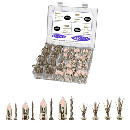 Self Drilling Drywall Anchors Kit with Screws 420PCS - 2 Sizes Sheetrock Anchors & 4 Sizes Zinc Expansion Screws,No Drill or Holes in Wall for Wall Hanging,Various scenarios - size: MDZT-420PCS