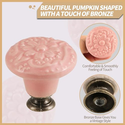Ceramic Cabinet Knobs, Embossed Floral Design - Pink, 20pcs - color: Pink
