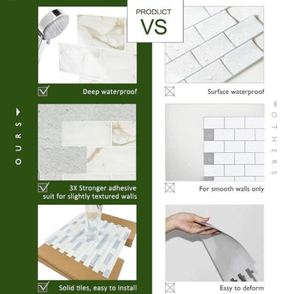STICKGOO 10-Sheet Subway Tile Peel and Stick Backsplash, Self Adhesive Vinyl Wall Tiles, Stick on Backsplash for Kitchen and Bathroom(Thicker Design) - color: Calacatta Marble