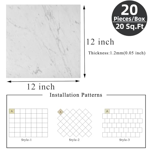 Peel and Stick Floor Tile 12 x 12 Inch Self Adhesive Marble Vinyl Flooring - color: White Marble