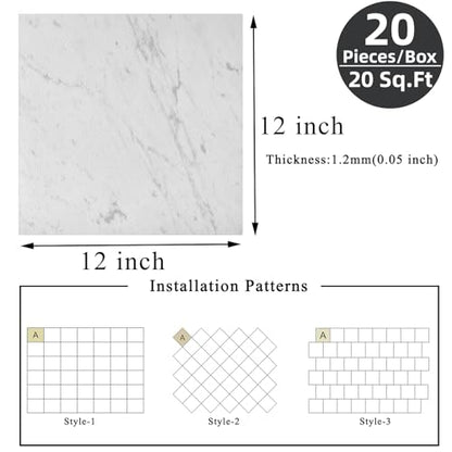 Peel and Stick Floor Tile 12 x 12 Inch Self Adhesive Marble Vinyl Flooring - color: White Marble