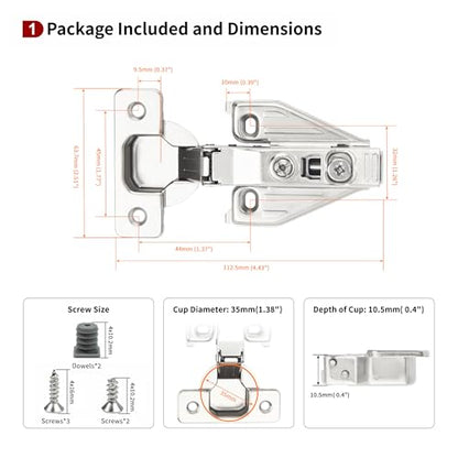 50 Pack Full Overlay Face Frame Soft Close Hinges, 105° 3-Way Adjust - size: Full