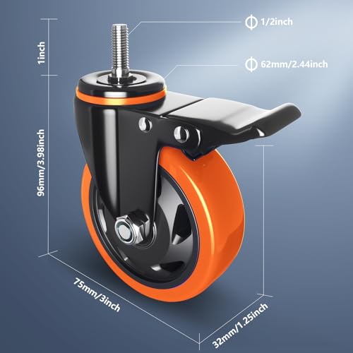 Caster Wheels Heavy Duty 3" Locking Caster Set of 4 Threaded Stem 1/2" - color: Orange, size: 3in(1/2"-13)