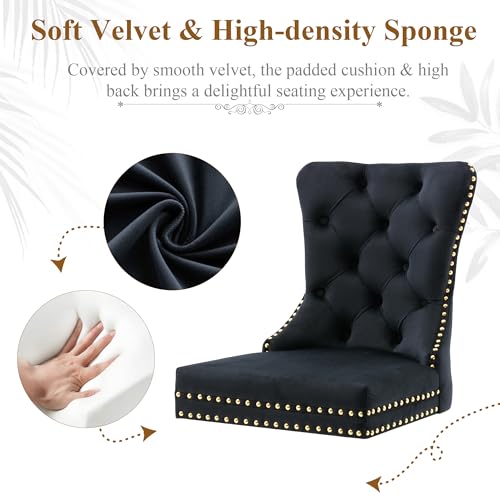 Black Velvet Dining Chairs Set of 4, Elegant Tufted & Nailhead, Gold Legs - color: Black, Golden Steel Leg, size: set of 4