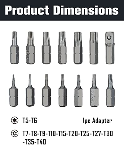 ROTATION 14-Piece Tamper Resistant Star Bits, Chrome Vanadium Steel, T5 - T40 Impact Grade Security Torx Bit Set, 1/4-inch Hex Shank - style: 14pc