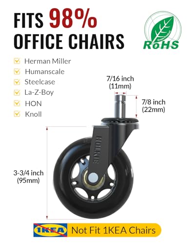 HOLKIE Office Chair Wheels Universal Fit Roller Blade Casters Black - color: Black