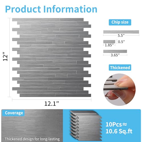 Art3d 10-Pack Metal Peel and Stick Backsplash Tile, Silver Parallel - color: Silver Parallel