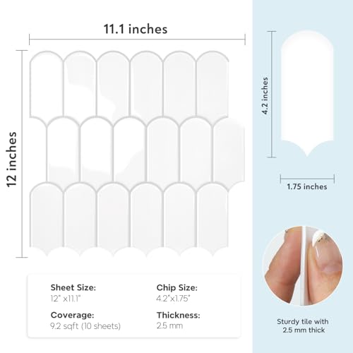 Vamos Tile Thicker Peel and Stick Backsplash Tile, White,10-Sheet - color: White with Grey Grout