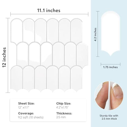 Vamos Tile Thicker Peel and Stick Backsplash Tile, White,10-Sheet - color: White with Grey Grout