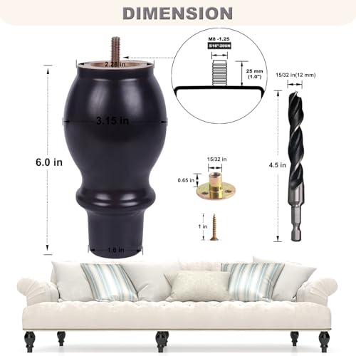 DWYL & LWYD Solid Wood Furniture Legs 6 Inch Heavy Duty - Brown -Set of 4 - Couch Risers Replacement, Table Legs for Coffee Table, Sofa/Bed/Dresser Feet - Patas para Muebles/Mesa/Cama - color: Black Brown, size: 6 Inch