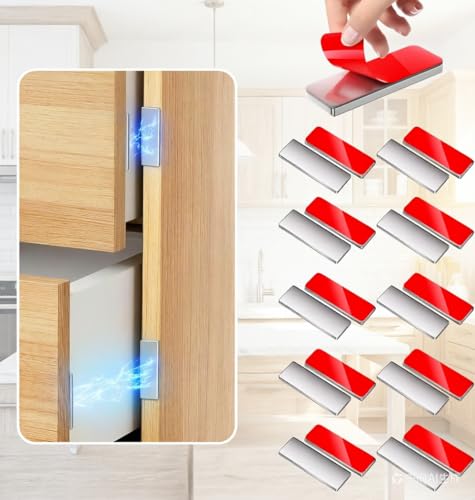 10 Pack Ultra Thin Cabinet Door Magnet, No Drilling Magnetic Door Catch for Closure, Strong Adhesive Drawer Magnet to Stay Closed, Stainless Steel 0.8"x1.6" - Pet Kid Safe